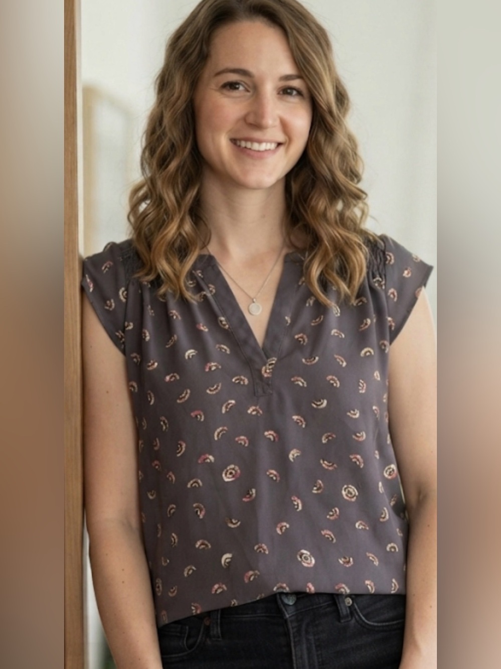 Daniel Rainn Slate Floral V-Neck Cap Sleeve Blouse